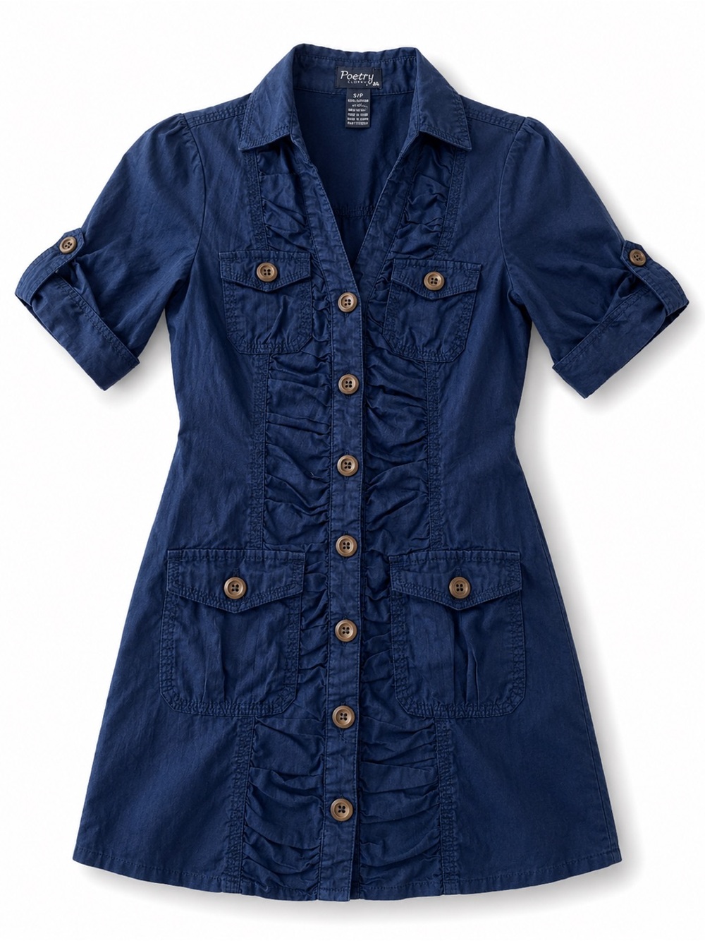 Poetry Navy Ruffle-Front Button Shirt Dress